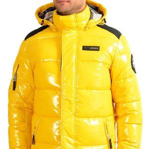 Plein Sport Men's Yellow Logo Print Zip Up Hooded Parka Jacket